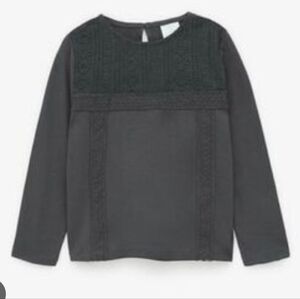 ZARA Girls Embroidered Crochet Daisy Long Sleeve Grey Black Shirt